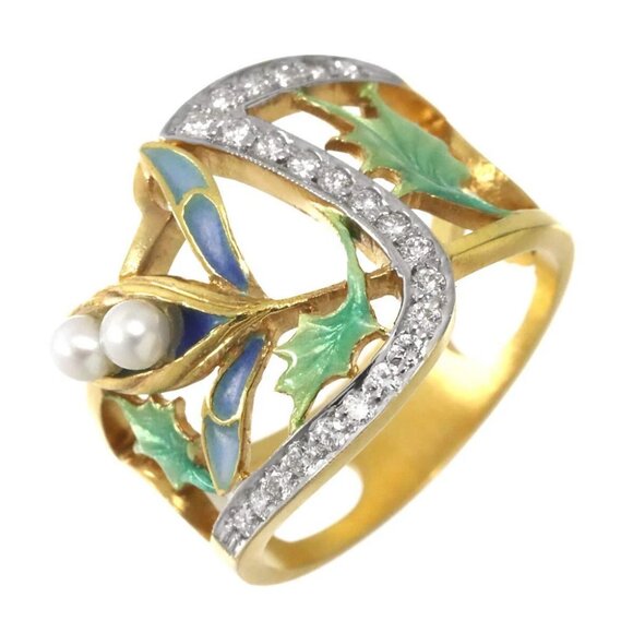 MASRIERA Diamond Enamel Pearl Ring 18K YG 750 Size6.75(US) 90275582 - Picture 1 of 9